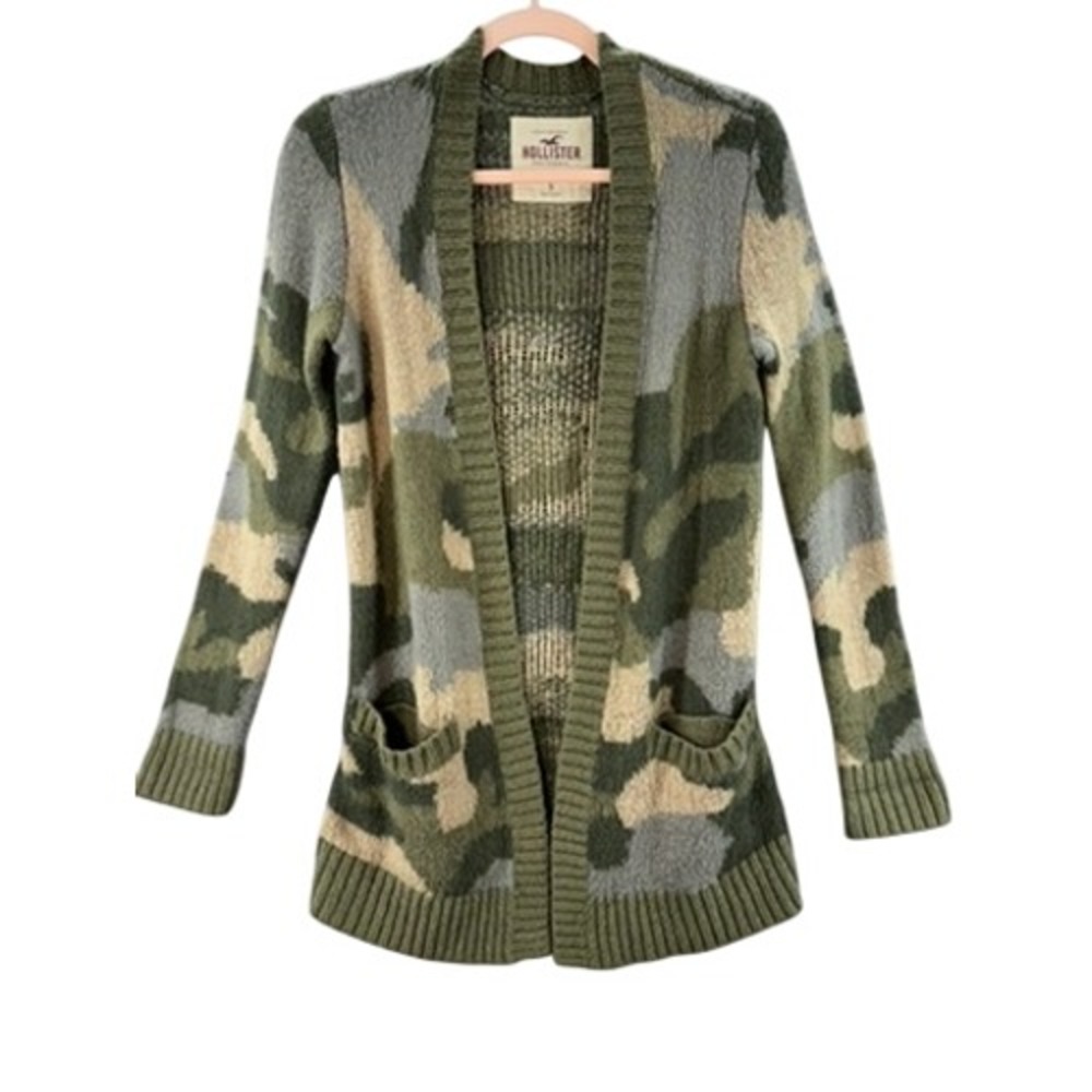 Hollister Open Front Cardigan Women Small Green Camo Long Sleeve Knit Pockets